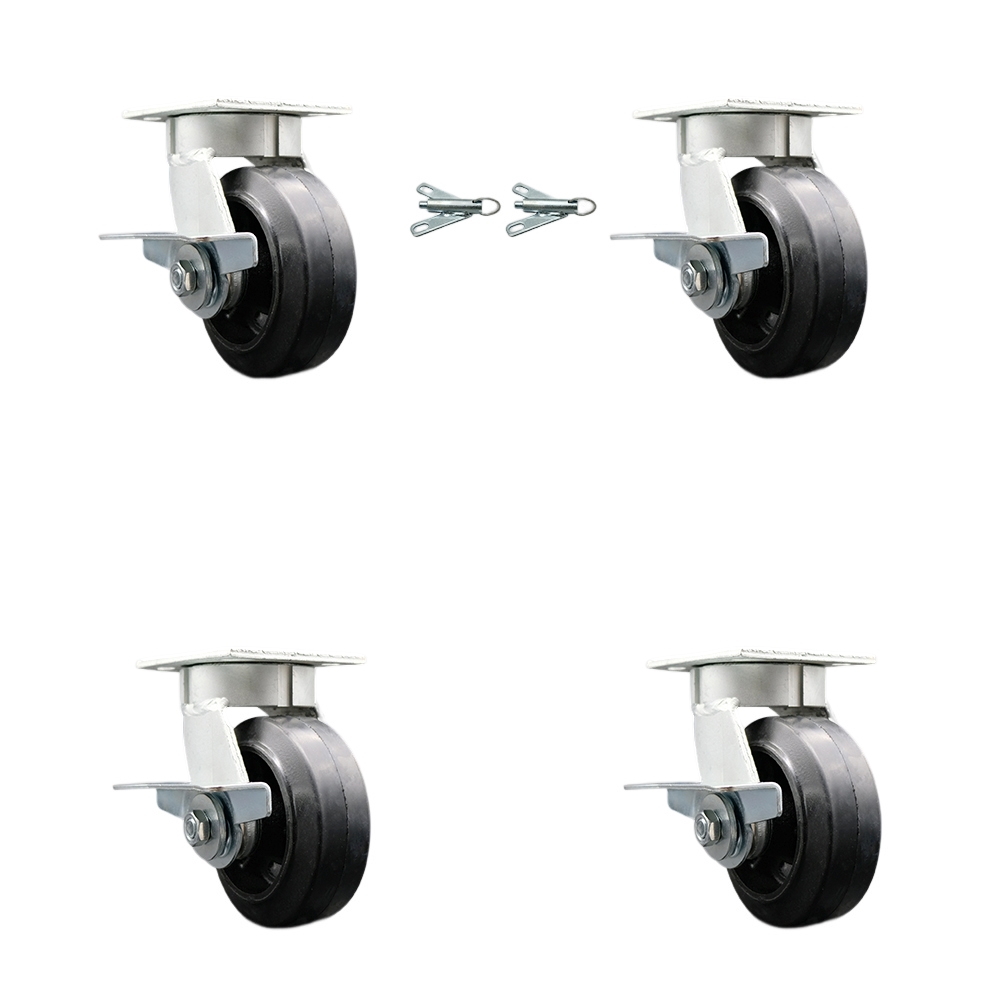 SCC-KP30S520-RSR-SLB-BSL-2-SLB-2 Kingpinless Rubber on Cast Iron Swivel Top Plate Caster with 5 x 2 in. Black Wheels - 1600 lbs Capacity - Set of 4