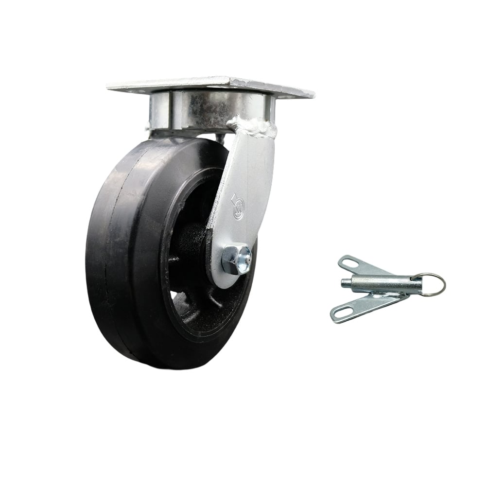 Kingpinless Rubber on Cast Iron Swivel Top Plate Caster with 6 x 2 in. Black Wheel & Bolt on Swivel Lock - 450 lbs Capacity per Caster