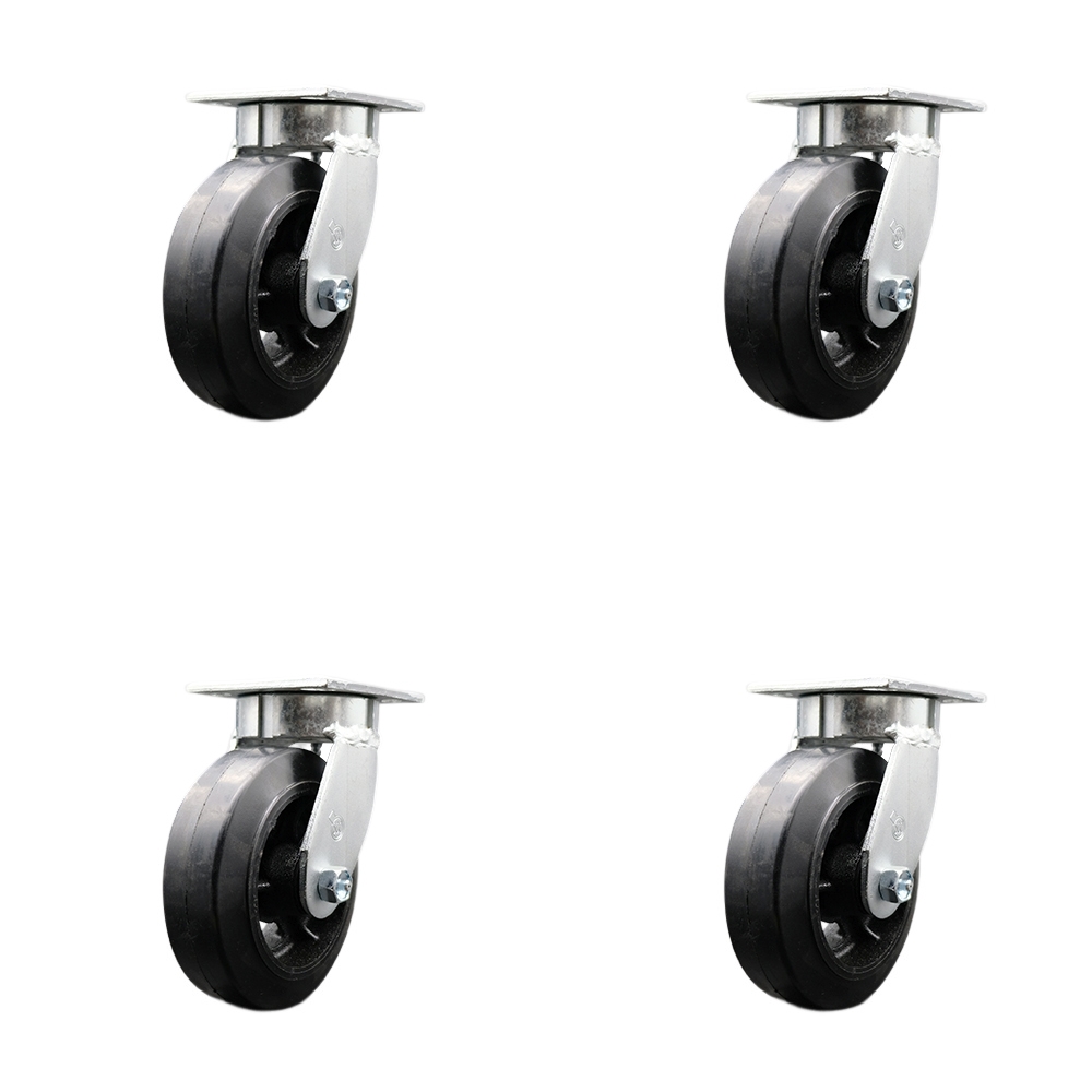 SCC-KP30S620-RSR-4 Kingpinless Rubber on Cast Iron Swivel Top Plate Caster with 6 x 2 in. Black Wheels - 1800 lbs Total Capacity - Set of 4