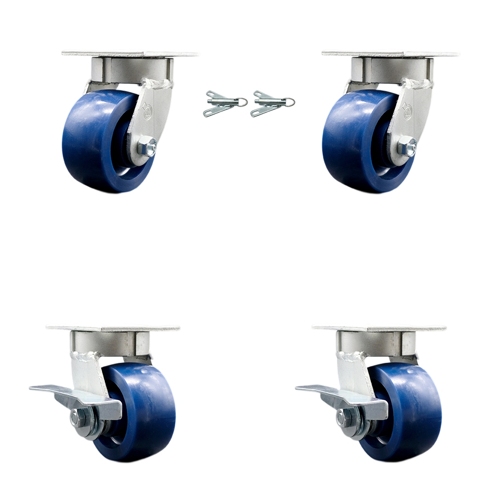 SCC-KP30S420-SPUR-BSL-2-SLB-2 Kingpinless Solid Polyurethane Swivel Top Plate Caster with 4 x 2 in. Blue Wheels - 2800 lbs Total Capacity - Set of 4