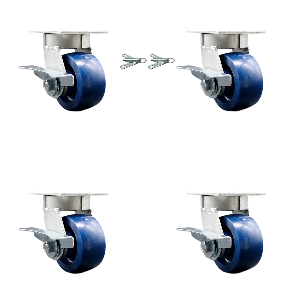 SCC-KP30S420-SPUR-SLB-BSL-2-SLB-2 Kingpinless Solid Polyurethane Swivel Top Plate Caster with 4 x 2 in. Blue Wheels - 2800 lbs Capacity - Set of 4