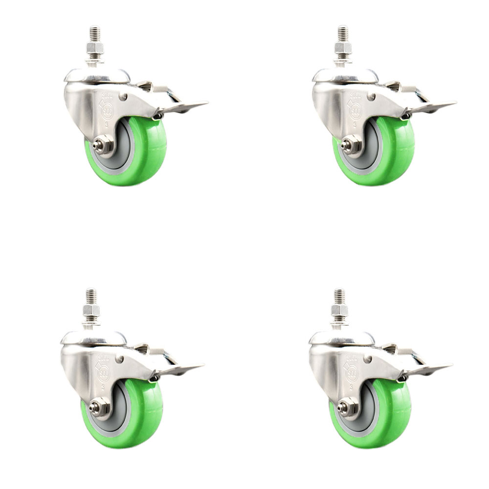 Polyurethane Swivel Stem Caster with 3.5 in. Green Caster Wheels, 0.5 in. Threaded Stems - 316 Stainless Steel Casters - Set of 4