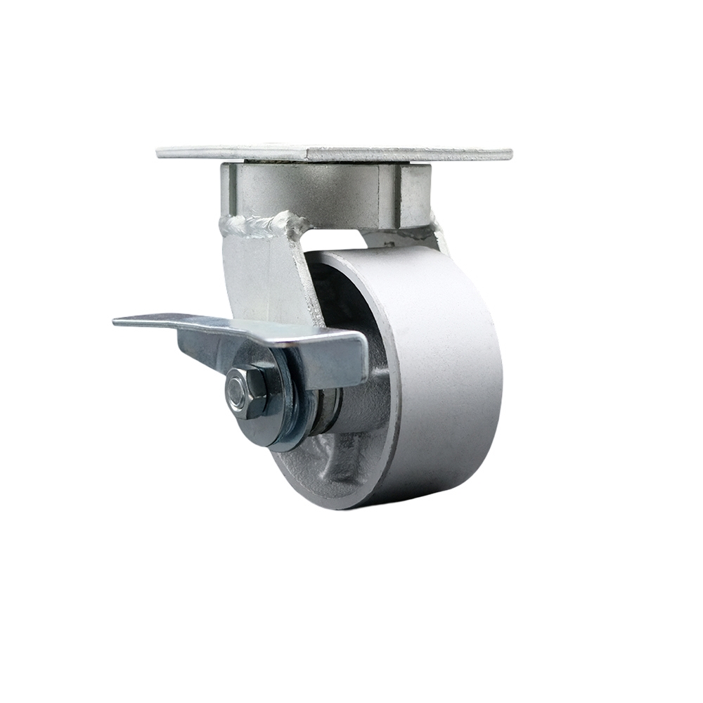 Kingpinless Semi Steel Cast Iron Swivel Top Plate Caster with 4 x 2 in. Silver Wheel & Side Lock Brake - 1000 lbs Capacity per Caster