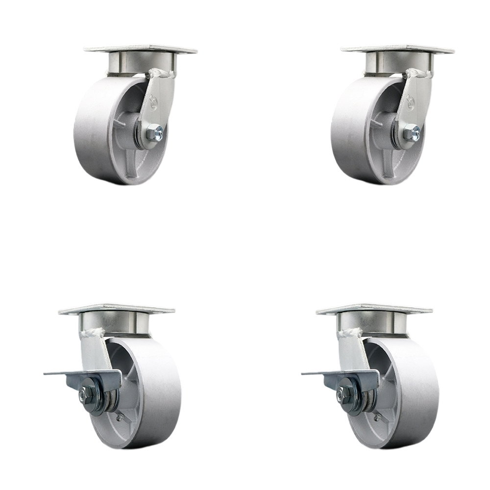 SCC-KP30S520-SSR-2-SLB-2 Kingpinless Semi Steel Cast Iron Swivel Top Plate Caster with 5 x 2 in. Silver Wheels - 4000 lbs Total Capacity - Set of 4