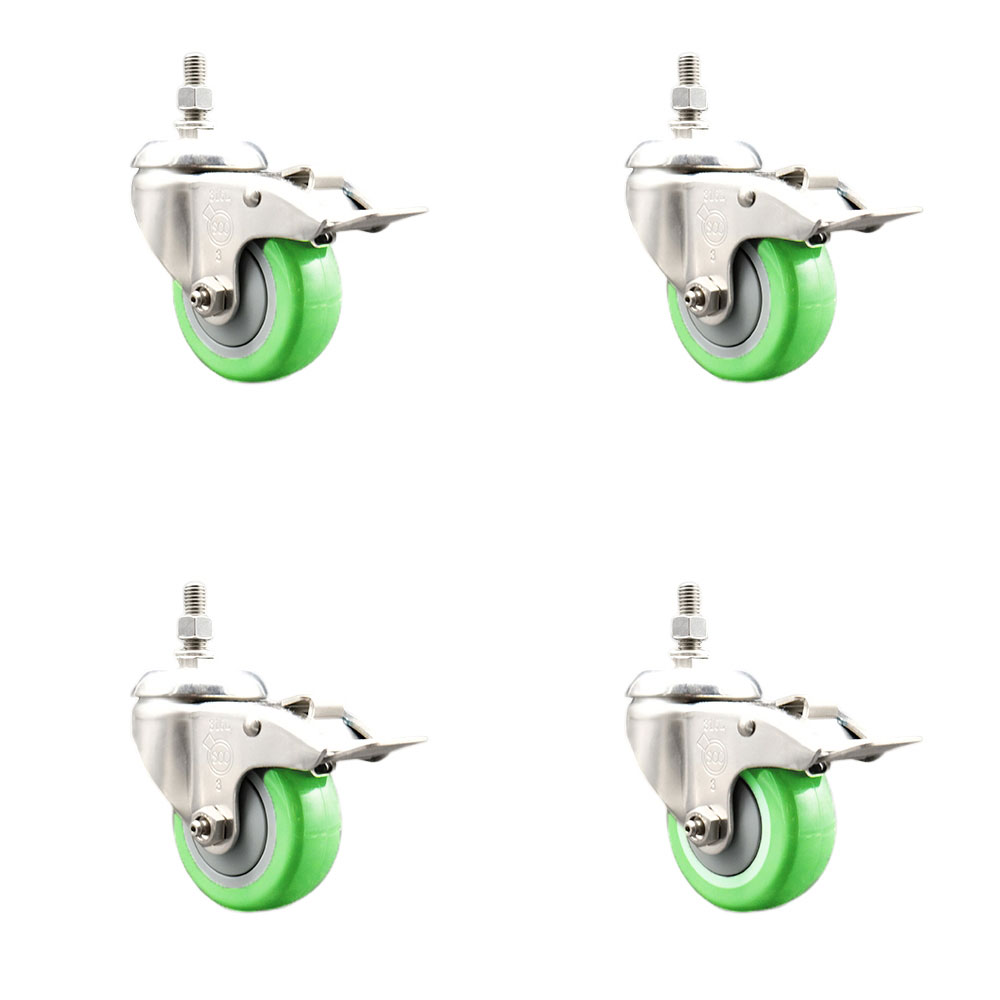 Polyurethane Swivel Stem Caster with 3.5 in. Green Caster Wheels10 mm Threaded Stems - 316 Stainless Steel Casters - Set of 4