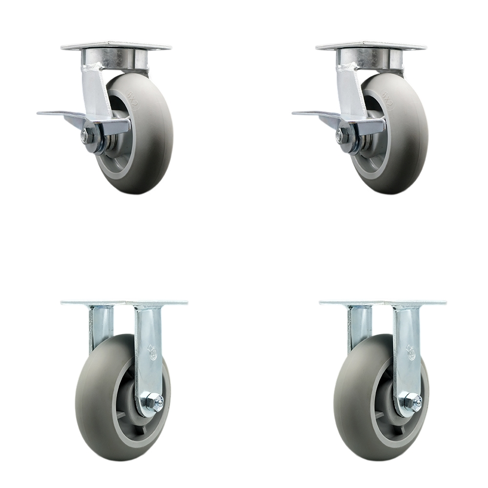 Kingpinless Thermo Rubber Donut Tread Swivel Top Plate Caster with 6 x 2 in. Gray Wheels - 2000 lbs Total Capacity - Set of 4