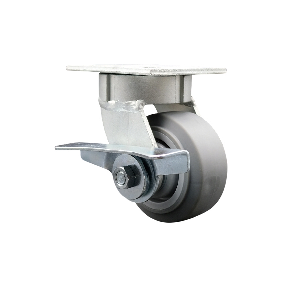 Kingpinless Thermo Rubber Flat Tread Swivel Top Plate Caster with 4 x 2 in. Gray Wheel & Side Lock Brake - 300 lbs Capacity per Caster