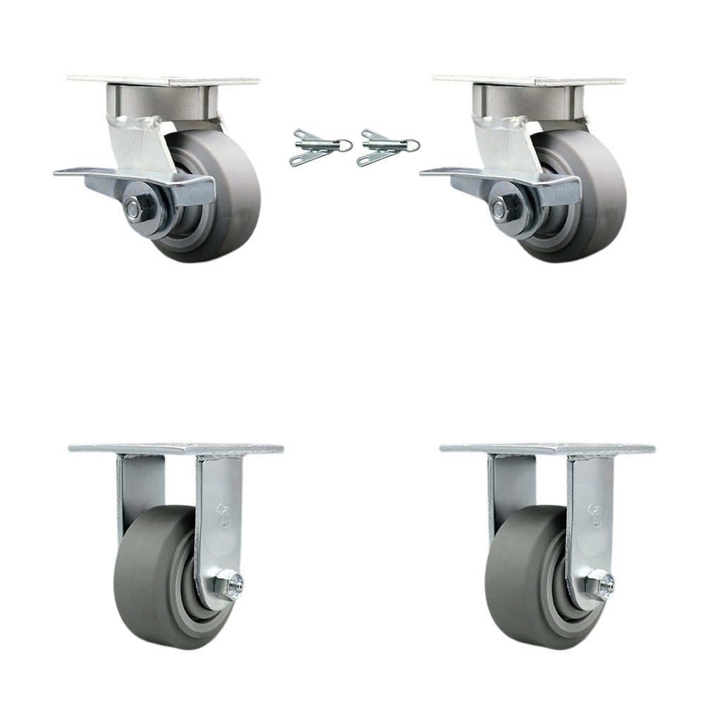 Kingpinless Thermo Rubber Flat Tread Swivel Top Plate Caster with 4 x 2 in. Gray Wheels - 1200 lbs Capacity - Set of 4