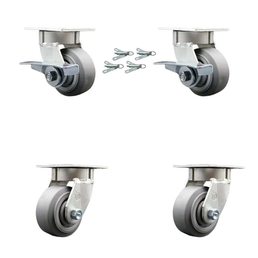 Kingpinless Thermo Rubber Flat Tread Swivel Top Plate Caster with 4 x 2 in. Gray Wheels - 1200 lbs Capacity - Set of 4