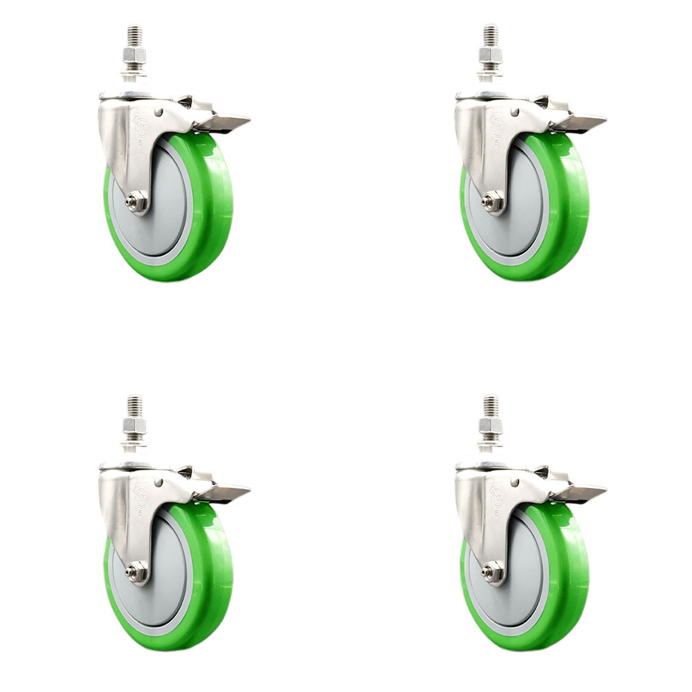 Polyurethane Swivel Stem Caster with 5 in. Green Caster Wheels, 12 mm Threaded Stems - 316 Stainless Steel Casters - Set of 4