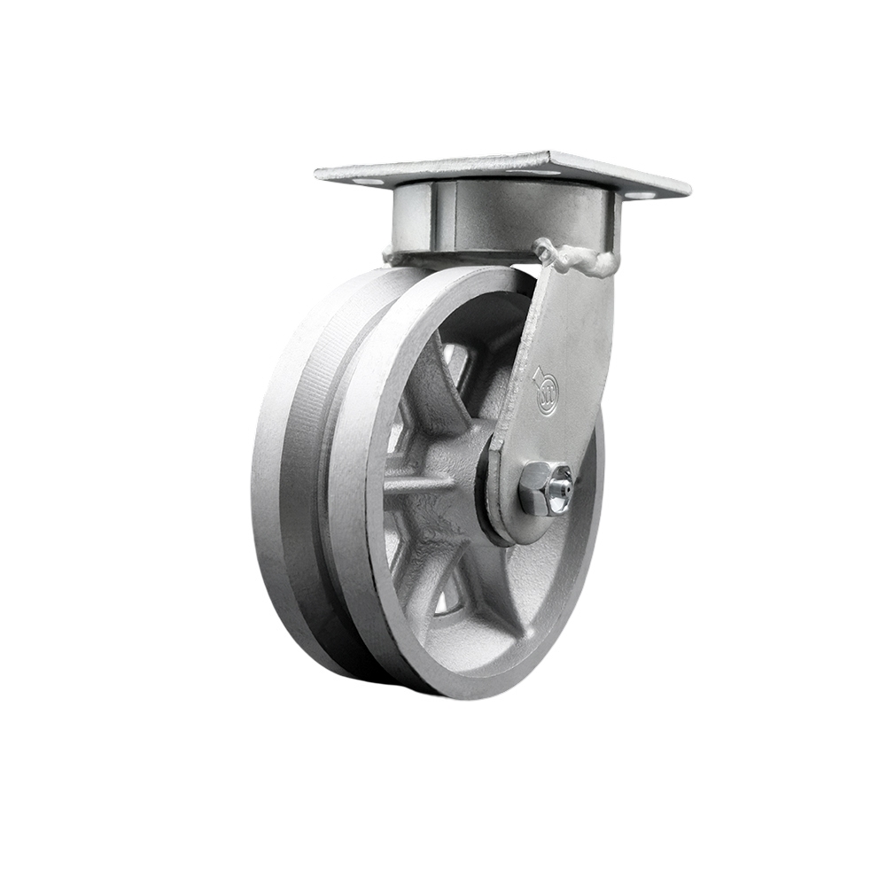 SCC-KP30S620-VGR Kingpinless V Groove Semi Steel Swivel Top Plate Caster with 6 x 2 in. Silver Wheel - 1200 lbs Capacity per Caster