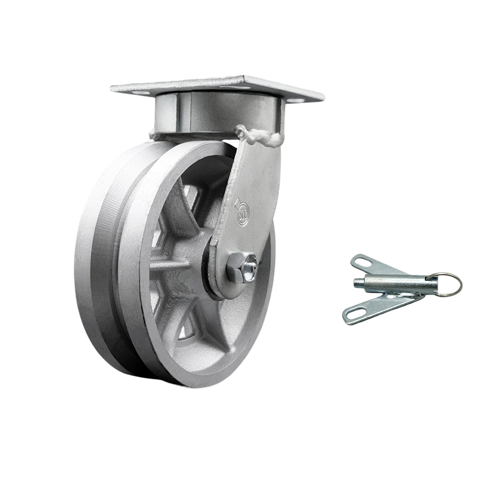 Kingpinless V Groove Semi Steel Swivel Top Plate Caster with 6 x 2 in. Silver Wheel & Bolt on Swivel Lock - 1200 lbs Capacity per Caster
