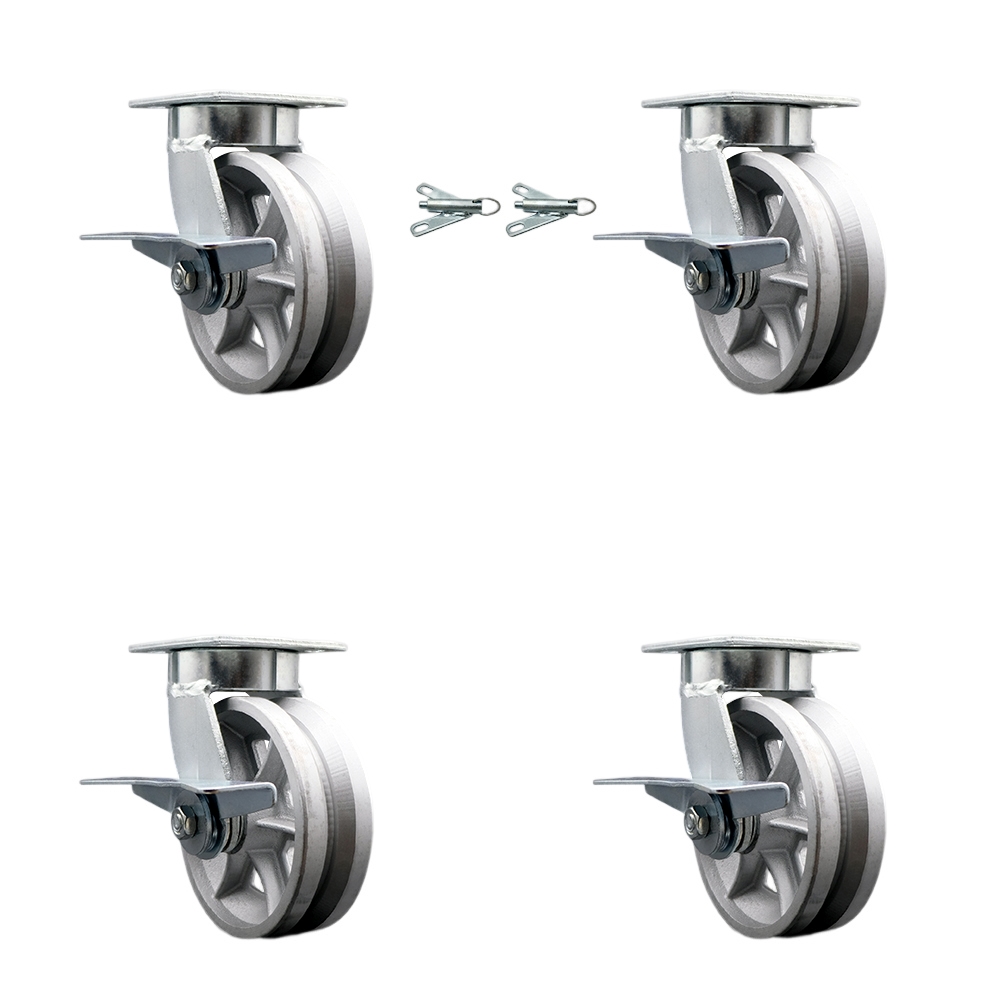 SCC-KP30S620-VGR-SLB-BSL-2-SLB-2 Kingpinless V Groove Semi Steel Swivel Top Plate Caster with 6 x 2 in. Silver Wheels - 4800 lbs Capacity - Set of 4