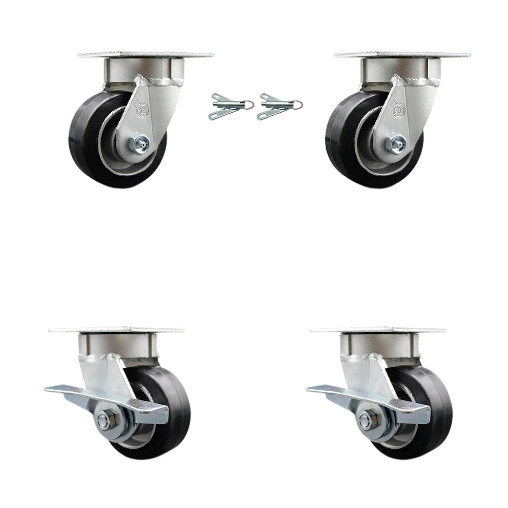 SCC-KP30S420-RAR-BSL-2-SLB-2 Kingpinless Rubber on Aluminum Swivel Top Plate Caster with 4 x 2 in. Black Wheels - 1600 lbs Total Capacity - Set of 4