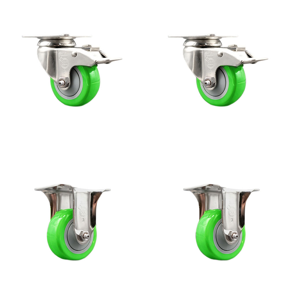 SCC-SS316TTL20S3514-PPUB-GRN-2-R-2 Polyurethane Swivel Top Plate Caster with 3.5 in. 316 Stainless Steel Green Wheels - Set of 4