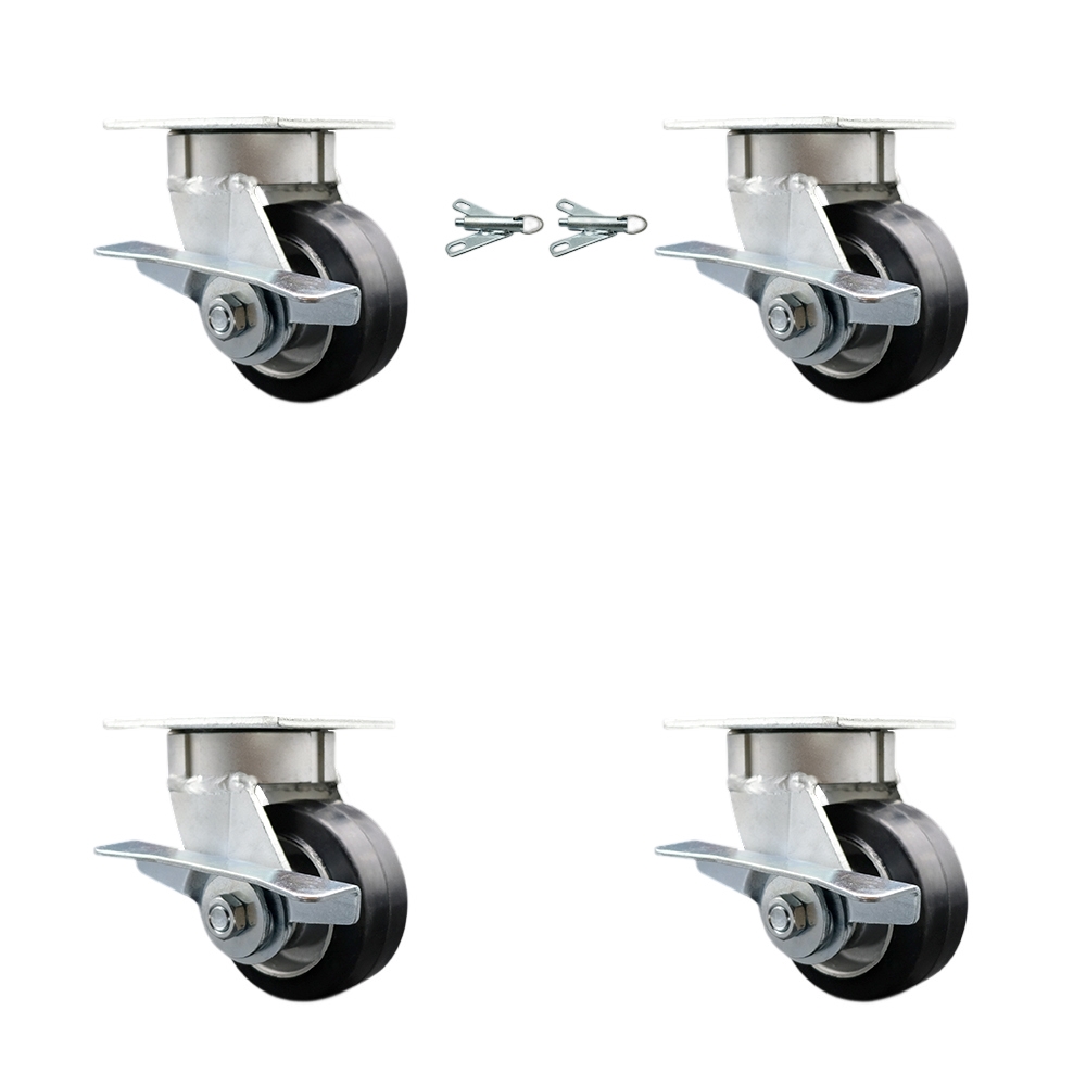 SCC-KP30S420-RAR-SLB-BSL-2-SLB-2 Kingpinless Rubber on Aluminum Swivel Top Plate Caster with 4 x 2 in. Black Wheels - 1600 lbs Capacity - Set of 4