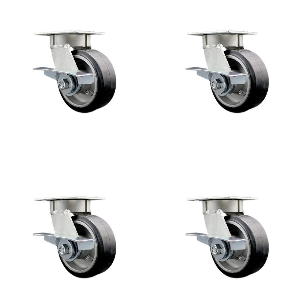 SCC-KP30S520-RAR-SLB-4 Kingpinless Rubber on Aluminum Swivel Top Plate Caster with 5 x 2 in. Black Wheels - 2000 lbs Total Capacity - Set of 4