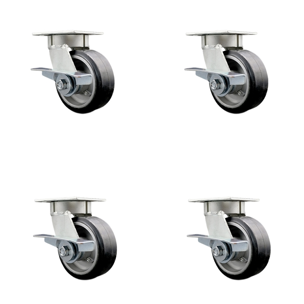SCC-KP30S520-RAR-SLB-BSL-4 Kingpinless Rubber on Aluminum Swivel Top Plate Caster with 5 x 2 in. Black Wheels - 2000 lbs Total Capacity - Set of 4