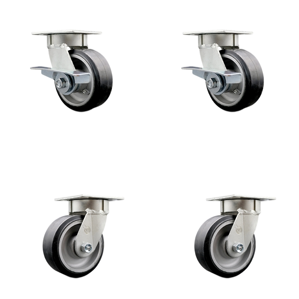 SCC-KP30S520-RAR-SLB-BSL-2-BSL-2 Kingpinless Rubber on Aluminum Swivel Top Plate Caster with 5 x 2 in. Black Wheels - 2000 lbs Capacity - Set of 4