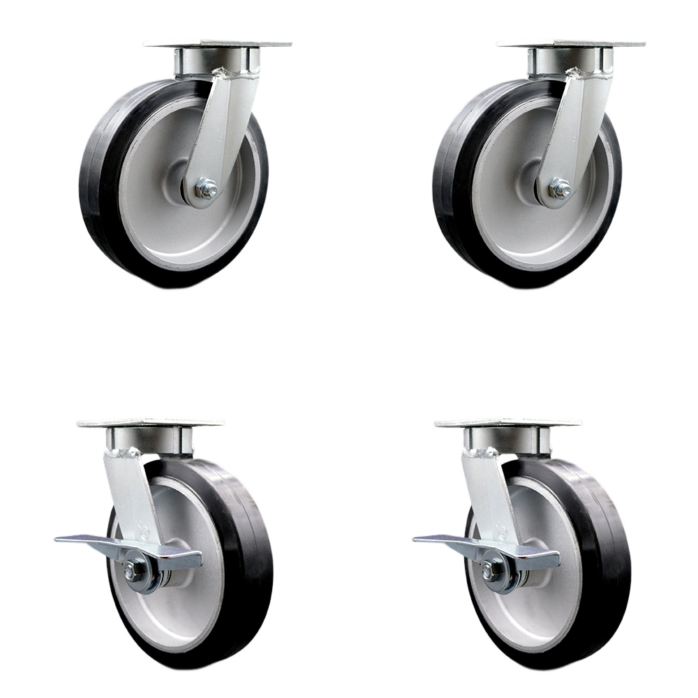 SCC-KP30S820-RAR-2-SLB-2 Kingpinless Rubber on Aluminum Swivel Top Plate Caster with 8 x 2 in. Black Wheels - 2400 lbs Total Capacity - Set of 4