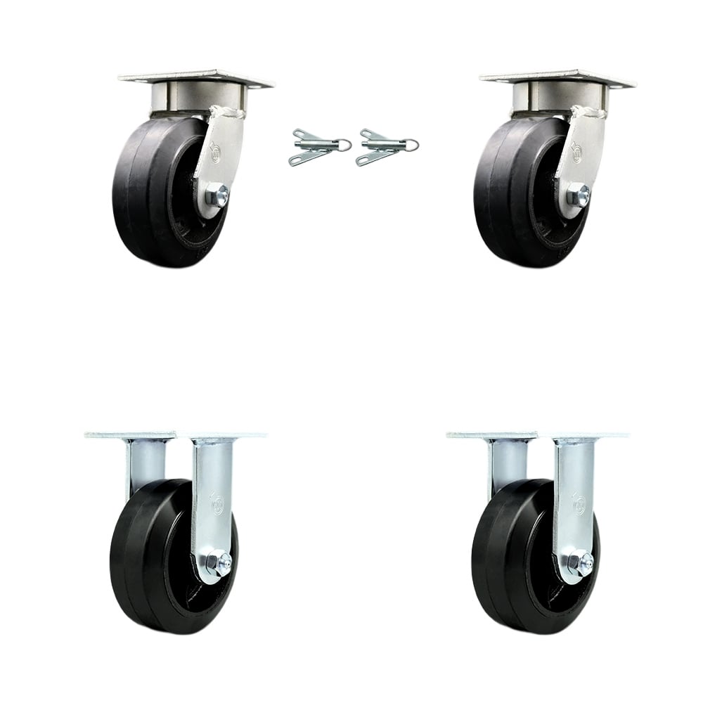 SCC-KP30S520-RSR-BSL-2-R-2 Kingpinless Rubber on Cast Iron Swivel Top Plate Caster with 5 x 2 in. Black Wheels - 1600 lbs Total Capacity - Set of 4