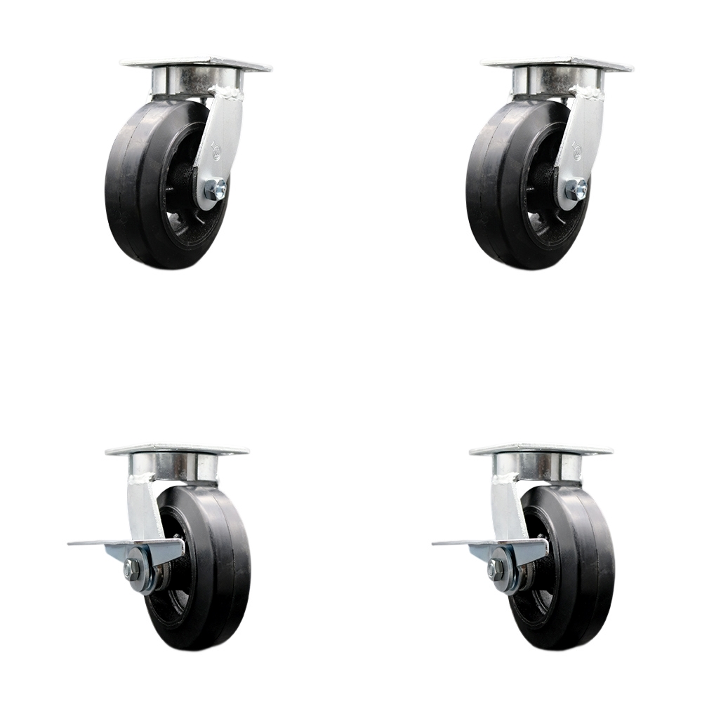 SCC-KP30S620-RSR-2-SLB-2 Kingpinless Rubber on Cast Iron Swivel Top Plate Caster with 6 x 2 in. Black Wheels - 1800 lbs Total Capacity - Set of 4