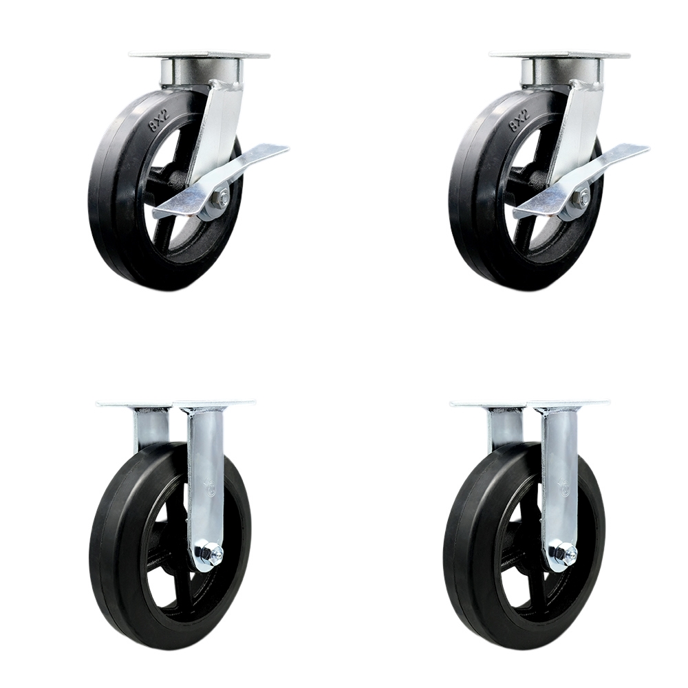 SCC-KP30S820-RSR-SLB-2-R-2 Kingpinless Rubber on Cast Iron Swivel Top Plate Caster with 8 x 2 in. Black Wheels - 2000 lbs Total Capacity - Set of 4
