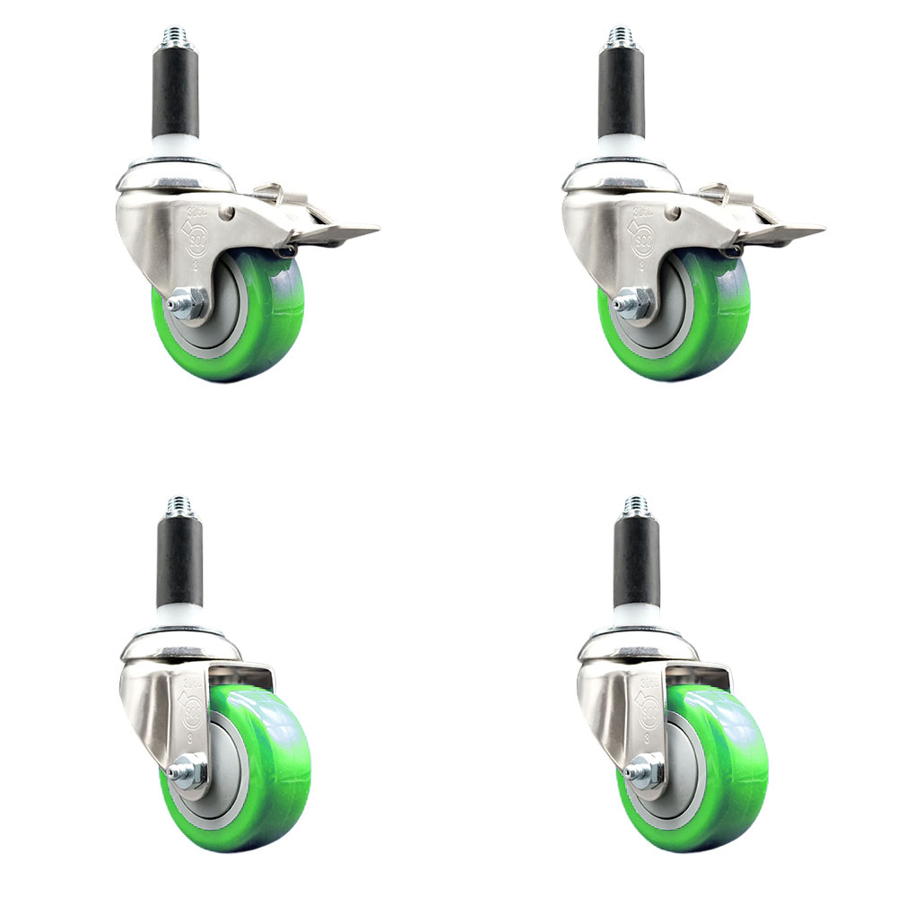 Polyurethane Swivel Stem Caster with 3 in. Green Caster Wheels, 1.13 in. Expanding Stem - 316 Stainless Steel Casters - Set of 4