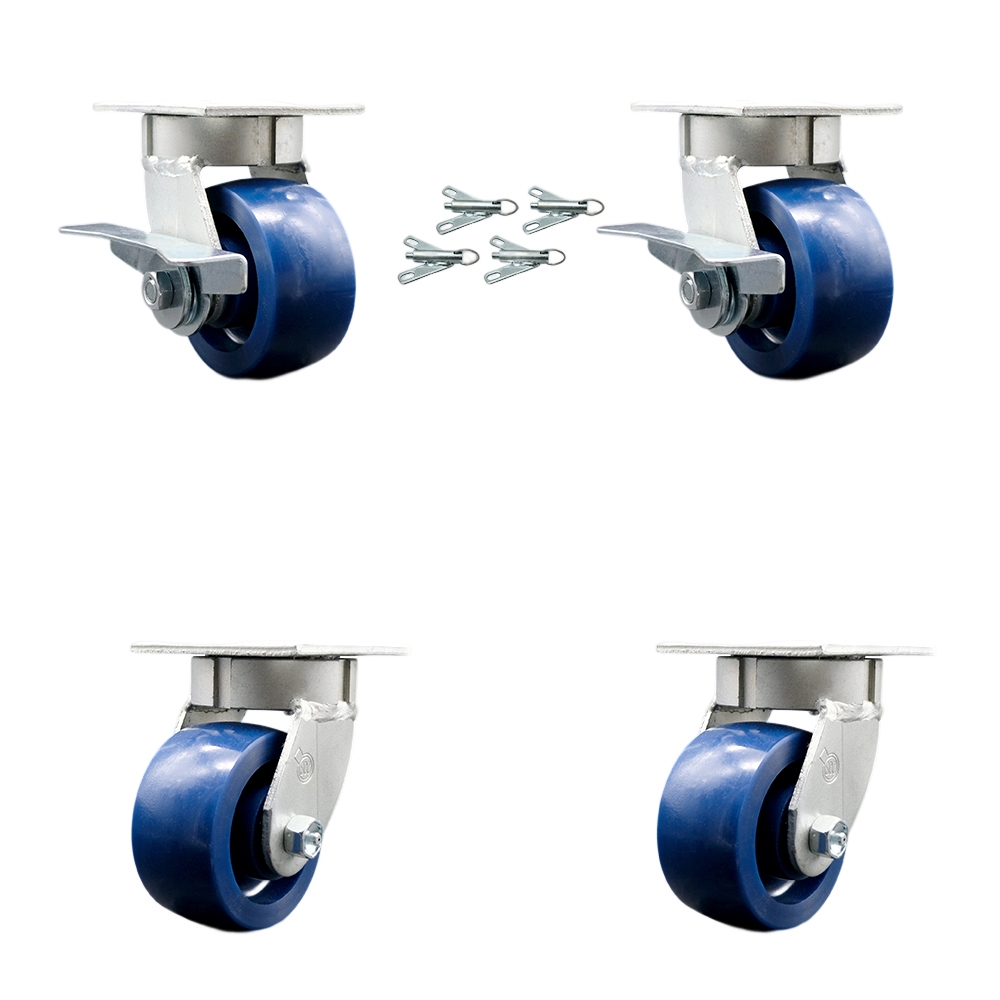 SCC-KP30S420-SPUR-SLB-BSL-2-BSL-2 Kingpinless Solid Polyurethane Swivel Top Plate Caster with 4 x 2 in. Blue Wheels - 2800 lbs Capacity - Set of 4