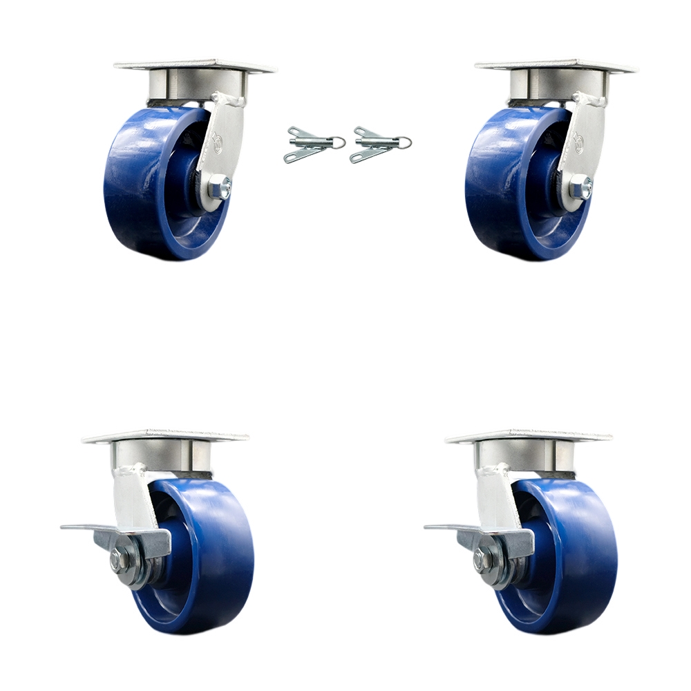 SCC-KP30S520-SPUR-BSL-2-SLB-2 Kingpinless Solid Polyurethane Swivel Top Plate Caster with 5 x 2 in. Blue Wheels - 4000 lbs Total Capacity - Set of 4