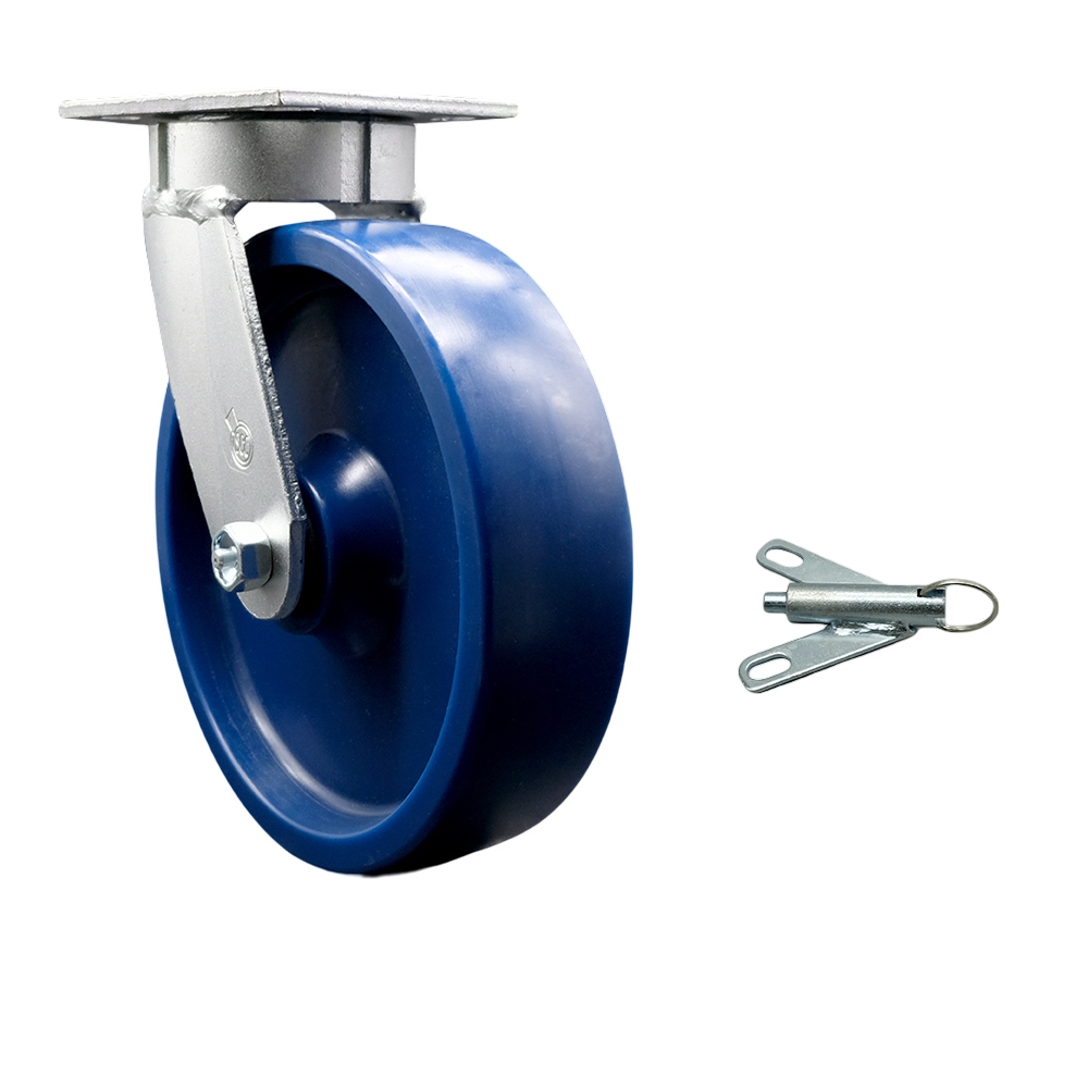 Kingpinless Solid Polyurethane Swivel Top Plate Caster with 8 x 2 in. Blue Wheel & Bolt on Swivel Lock - 1200 lbs Capacity per Caster