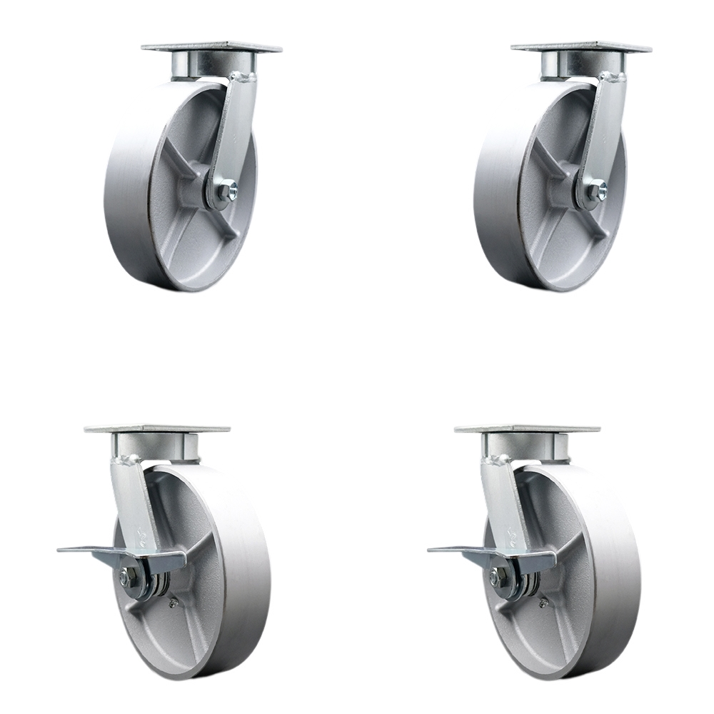 SCC-KP30S820-SSR-2-SLB-2 Kingpinless Semi Steel Cast Iron Swivel Top Plate Caster with 8 x 2 in. Silver Wheels - 5000 lbs Total Capacity - Set of 4