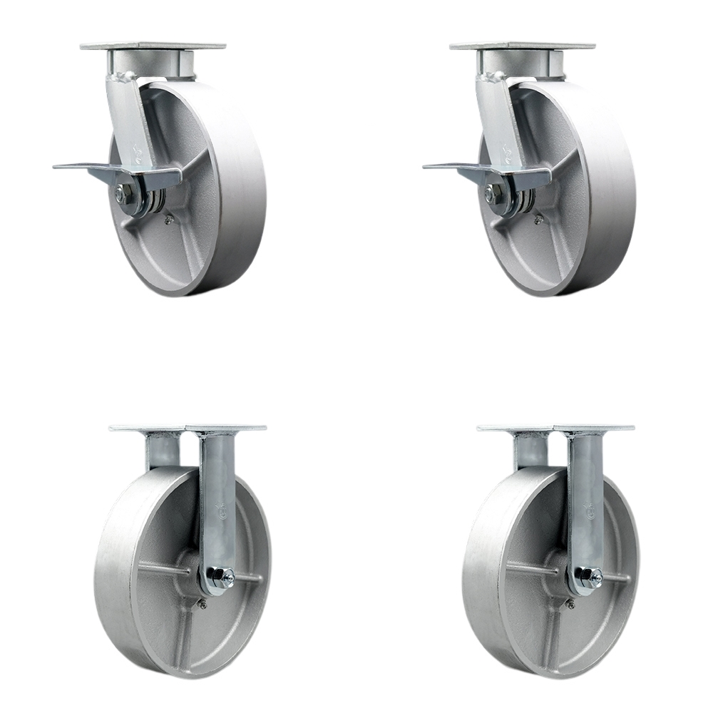 Kingpinless Semi Steel Cast Iron Swivel Top Plate Caster with 8 x 2 in. Silver Wheels - 5000 lbs Total Capacity - Set of 4