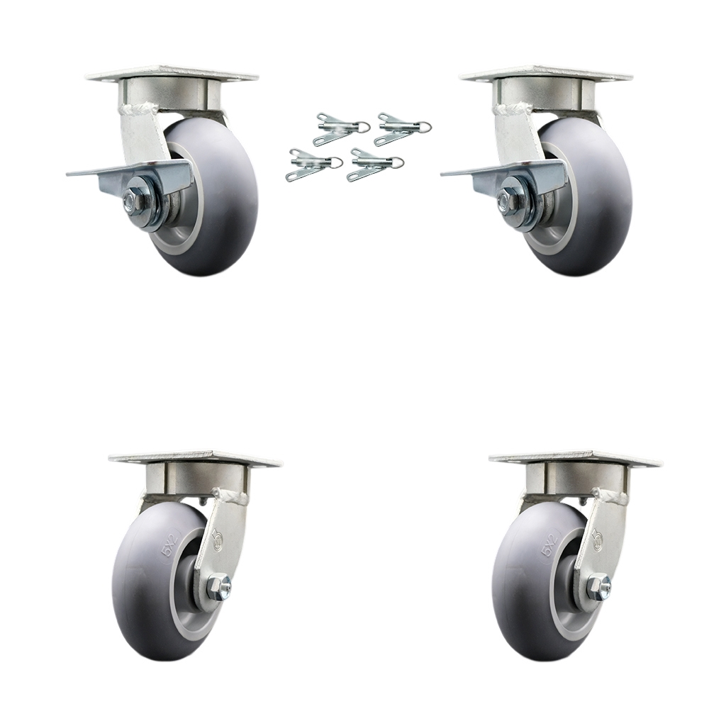 Kingpinless Thermo Rubber Donut Tread Swivel Top Plate Caster with 5 x 2 in. Gray Wheels - 1400 lbs Capacity - Set of 4