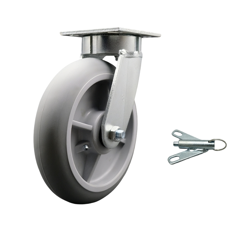 Kingpinless Thermo Rubber Donut Tread Swivel Top Plate Caster with 8 x 2 in. Gray Wheel & Bolt on Swivel Lock - 600 lbs Capacity per Caster