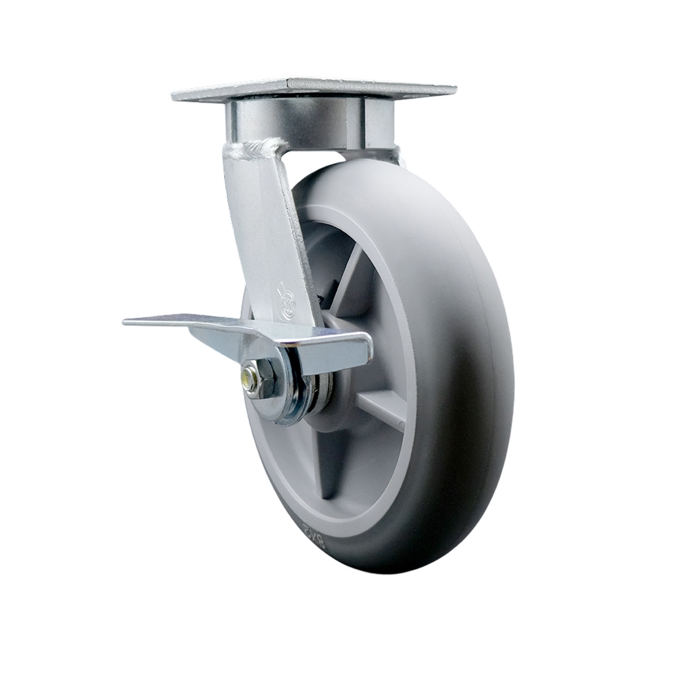 Kingpinless Thermo Rubber Donut Tread Swivel Top Plate Caster with 8 x 2 in. Gray Wheel & Side Lock Brake - 600 lbs Capacity per Caster