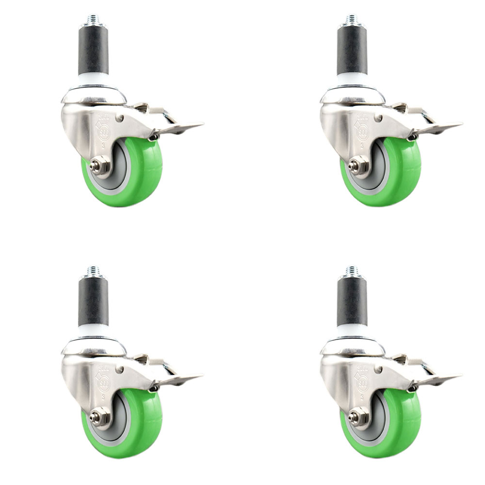 Polyurethane Swivel Stem Caster with 3.5 in. Green Caster Wheels, 1.25 in. Expanding Stems - 316 Stainless Steel Casters - Set of 4