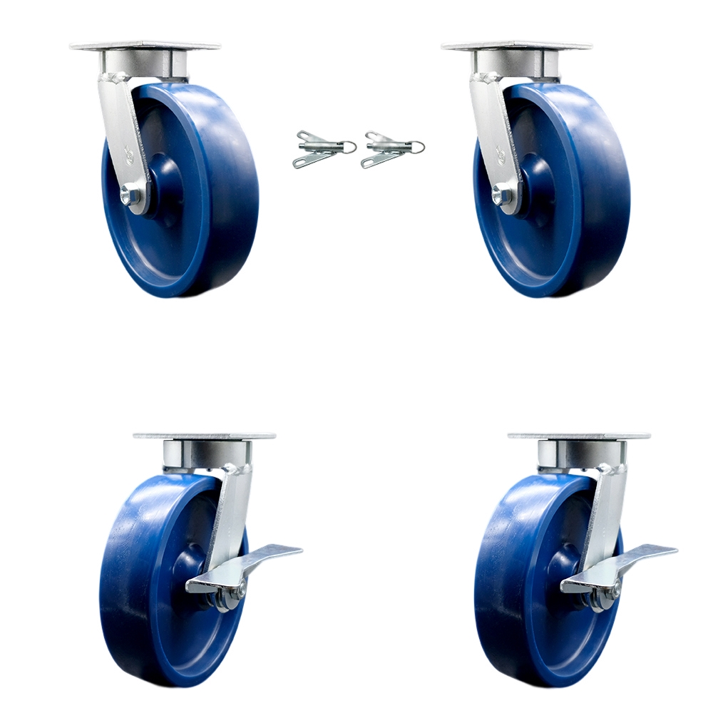 SCC-KP30S820-SPUR-BSL-2-SLB-2 Kingpinless Solid Polyurethane Swivel Top Plate Caster with 8 x 2 in. Blue Wheels - 4800 lbs Total Capacity - Set of 4