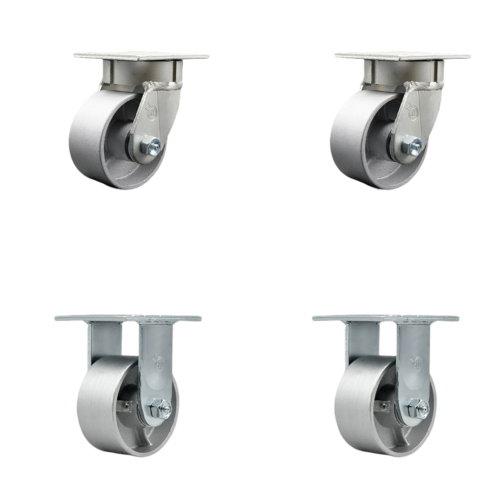 SCC-KP30S420-SSR-2-R-2 Kingpinless Semi Steel Cast Iron Swivel Top Plate Caster with 4 x 2 in. Silver Wheels - 4000 lbs Total Capacity - Set of 4