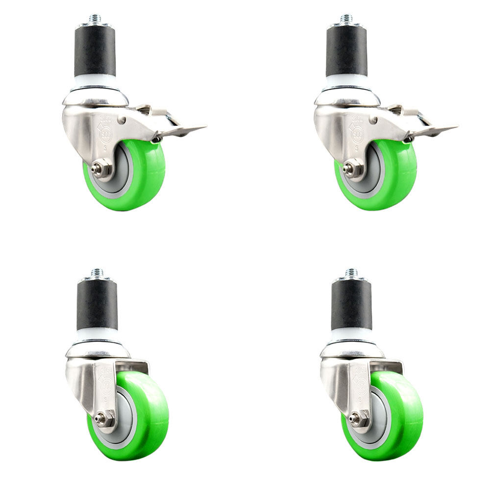 Polyurethane Swivel Stem Caster with 3.5 in. Green Caster Wheels, 1.75 in. Expanding Stem - 316 Stainless Steel Casters - Set of 4