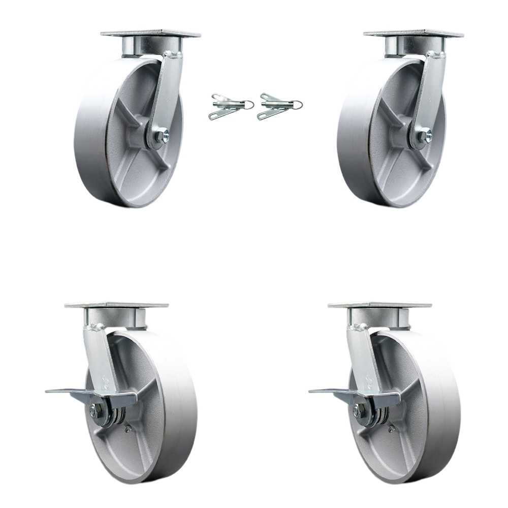 Kingpinless Semi Steel Cast Iron Swivel Top Plate Caster with 8 x 2 in. Silver Wheels - 5000 lbs Total Capacity - Set of 4