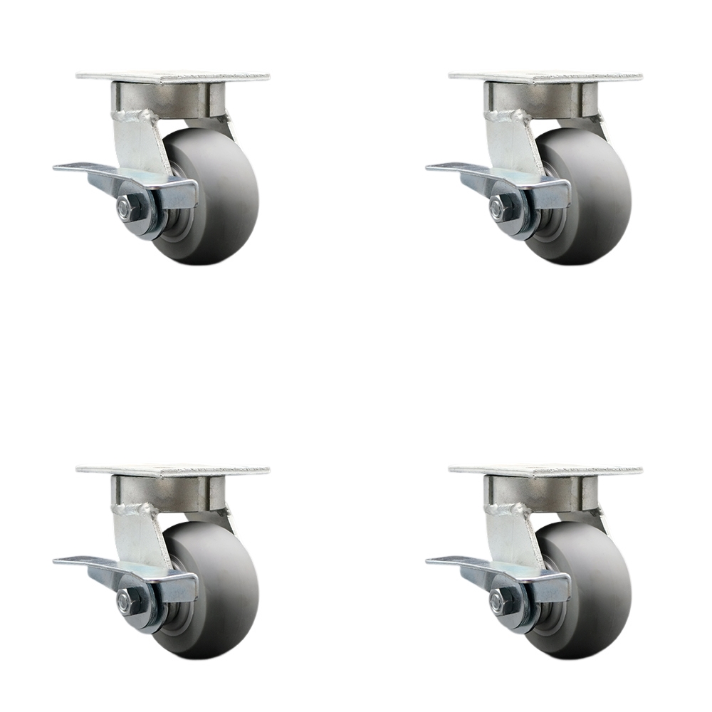 Kingpinless Thermo Rubber Donut Tread Swivel Top Plate Caster with 4 x 2 in. Gray Wheels - 1200 lbs Total Capacity - Set of 4