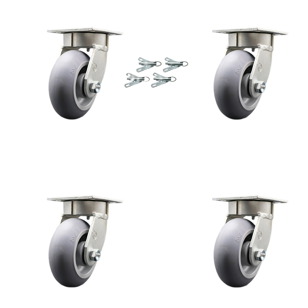 Kingpinless Thermo Rubber Donut Tread Swivel Top Plate Caster with 5 x 2 in. Gray Wheels - 1400 lbs Total Capacity - Set of 4