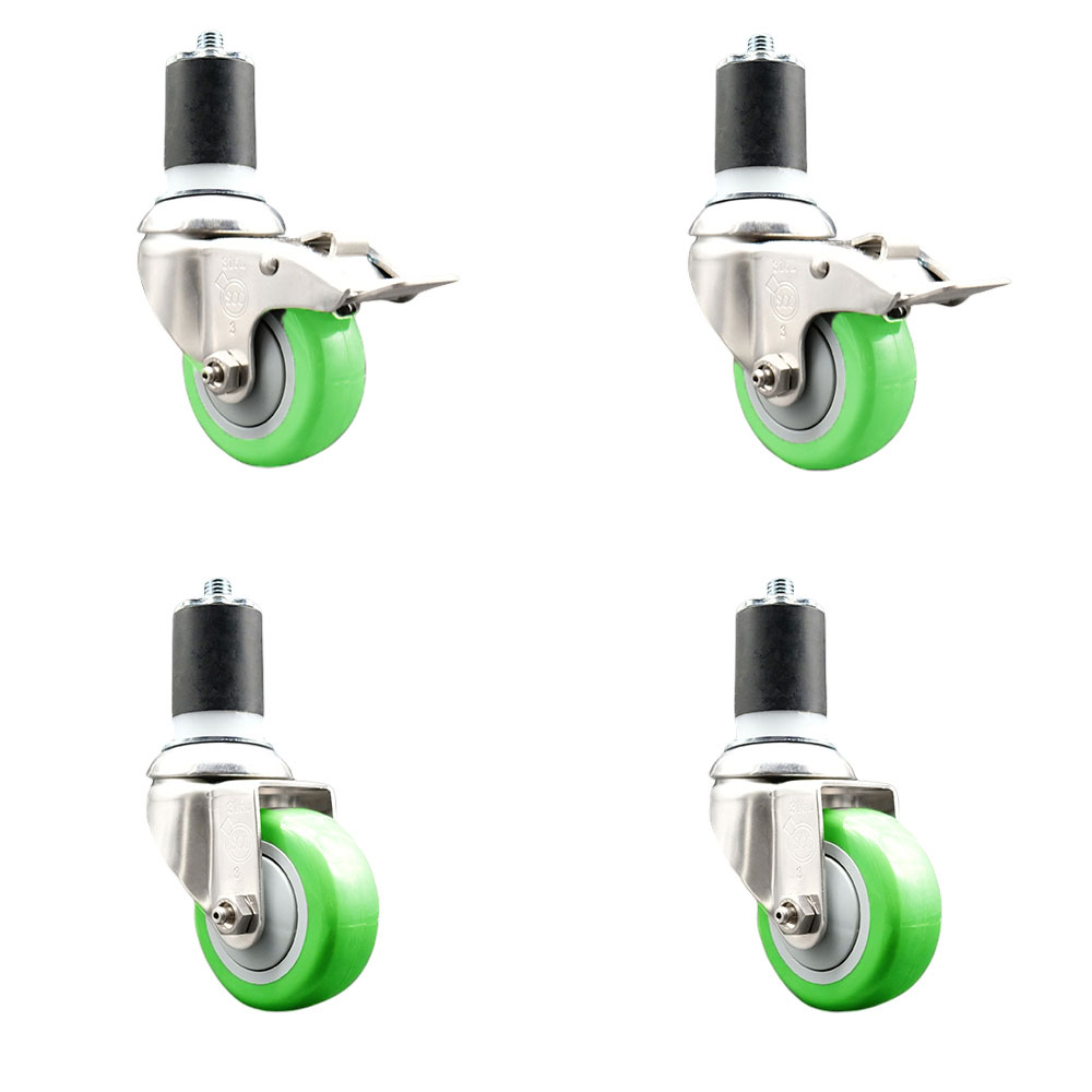 Polyurethane Swivel Stem Caster with 3.5 in. Green Caster Wheels, 1.87 in. Expanding Stem - 316 Stainless Steel Casters - Set of 4