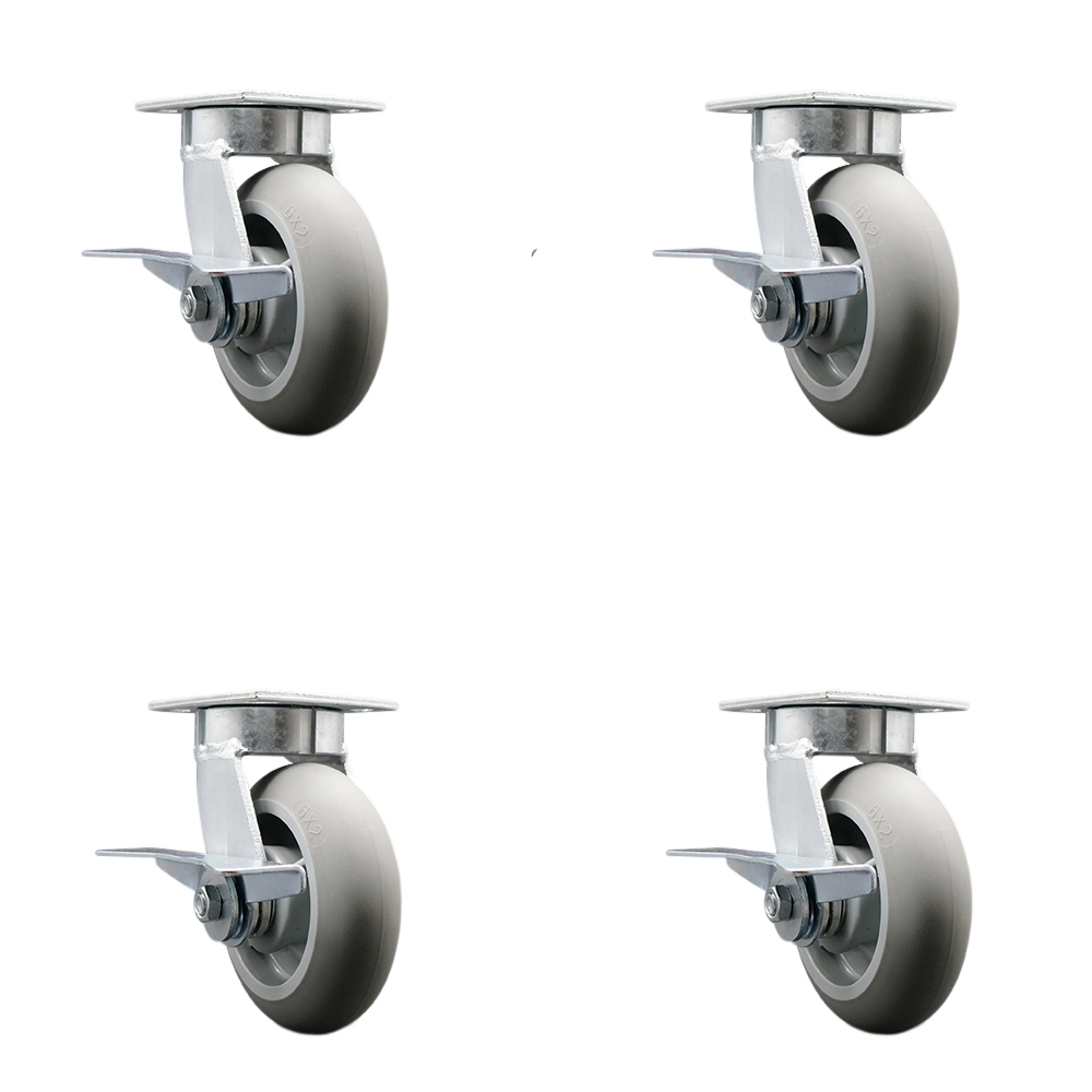 Kingpinless Thermo Rubber Donut Tread Swivel Top Plate Caster with 6 x 2 in. Gray Wheels - 2000 lbs Total Capacity - Set of 4