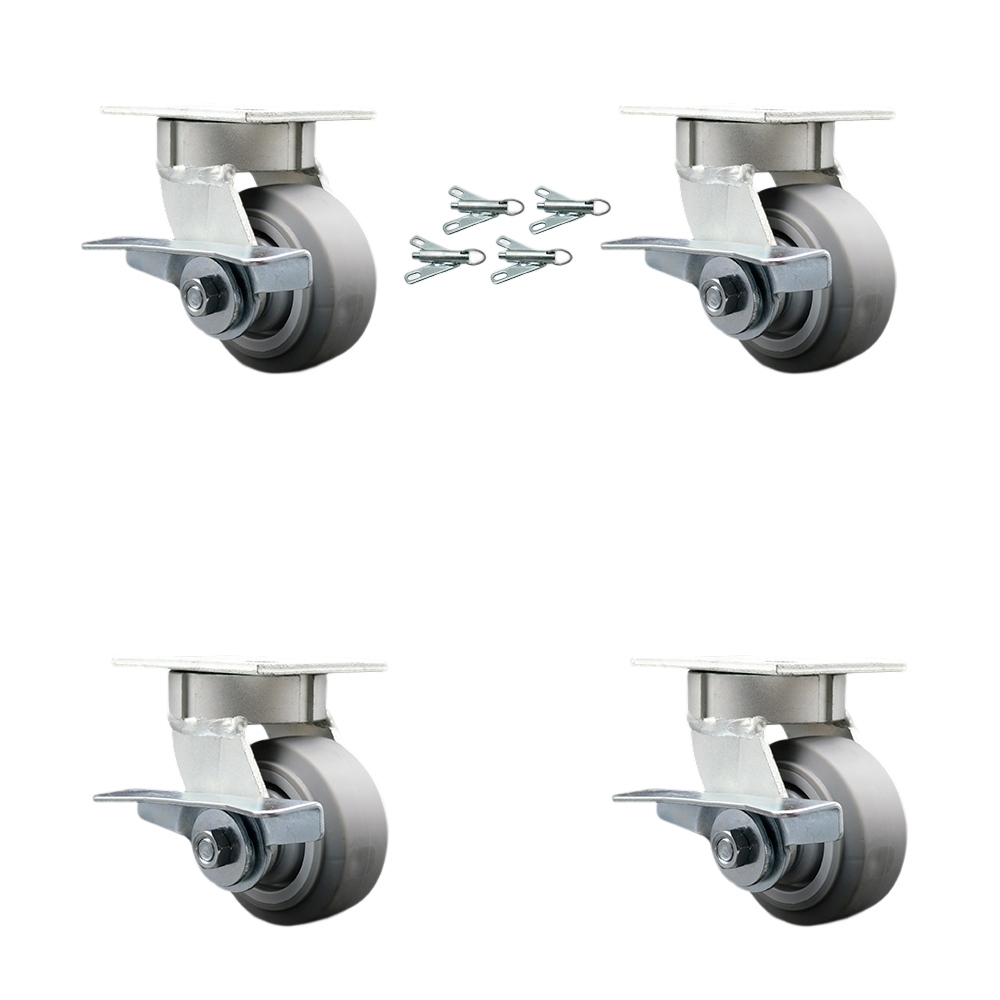 Kingpinless Thermo Rubber Flat Tread Swivel Top Plate Caster with 4 x 2 in. Gray Wheels - 1200 lbs Total Capacity - Set of 4