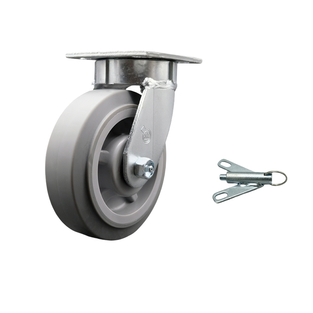 Kingpinless Thermo Rubber Flat Tread Swivel Top Plate Caster with 6 x 2 in. Gray Wheel & Bolt on Swivel Lock - 500 lbs Capacity per Caster