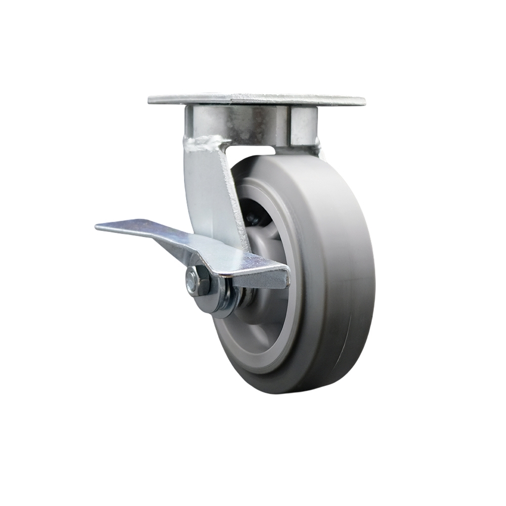 Kingpinless Thermo Rubber Flat Tread Swivel Top Plate Caster with 6 x 2 in. Gray Wheel & Side Lock Brake - 500 lbs Capacity per Caster