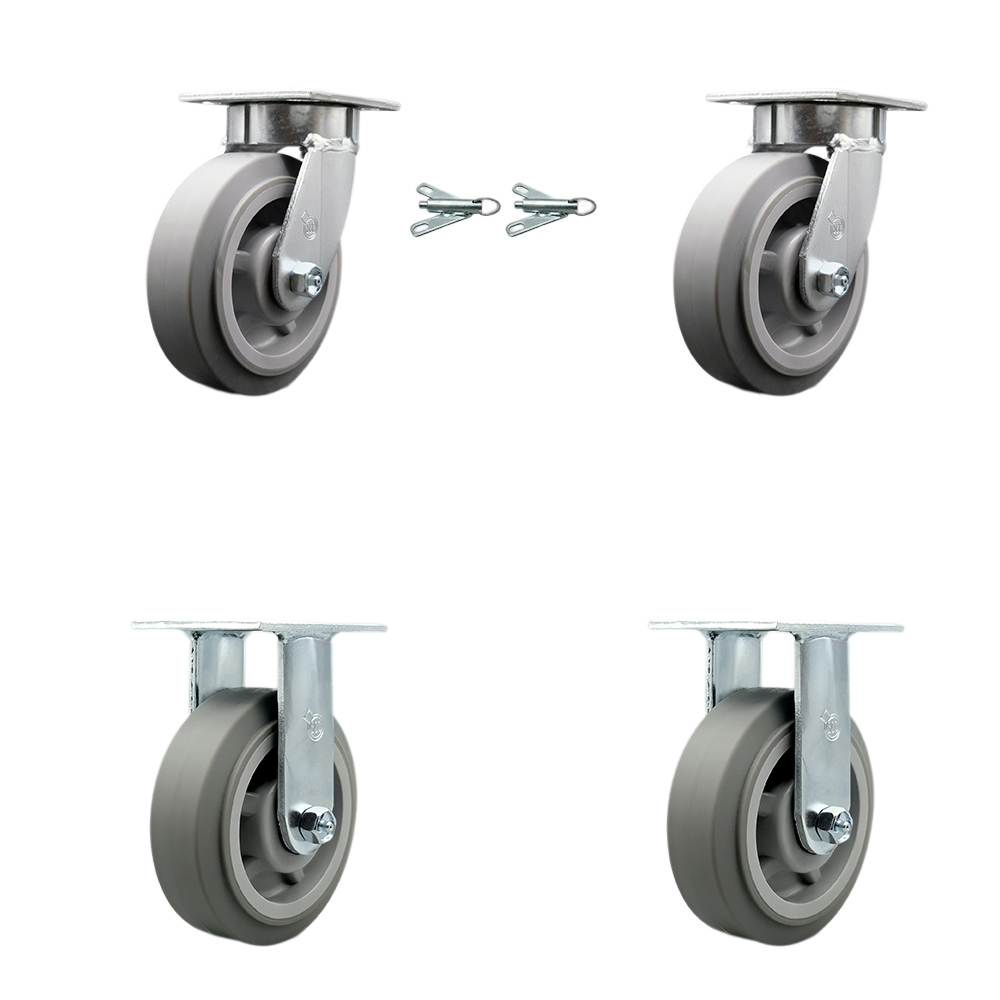 Kingpinless Thermo Rubber Flat Tread Swivel Top Plate Caster with 6 x 2 in. Gray Wheels - 2000 lbs Total Capacity - Set of 4