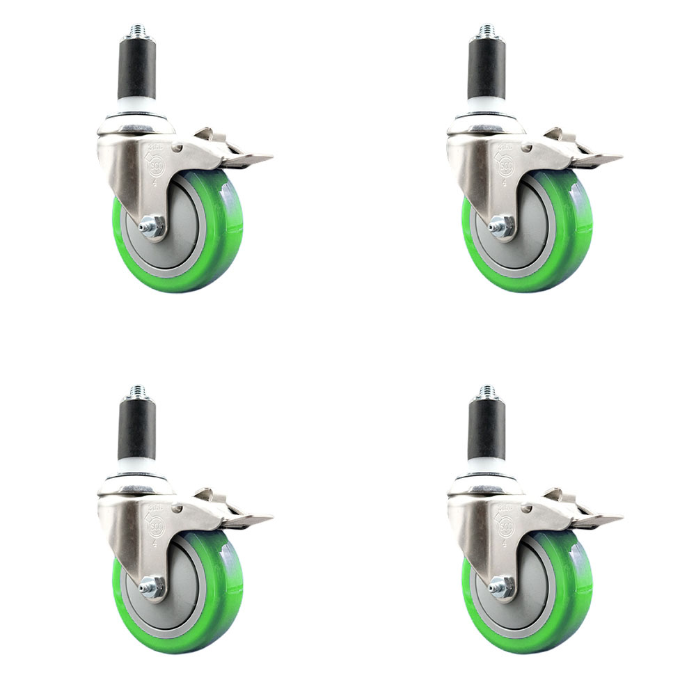 Polyurethane Swivel Stem Caster with 4 in. Green Caster Wheels, 1.38 in. Expanding Stems - 316 Stainless Steel Casters - Set of 4